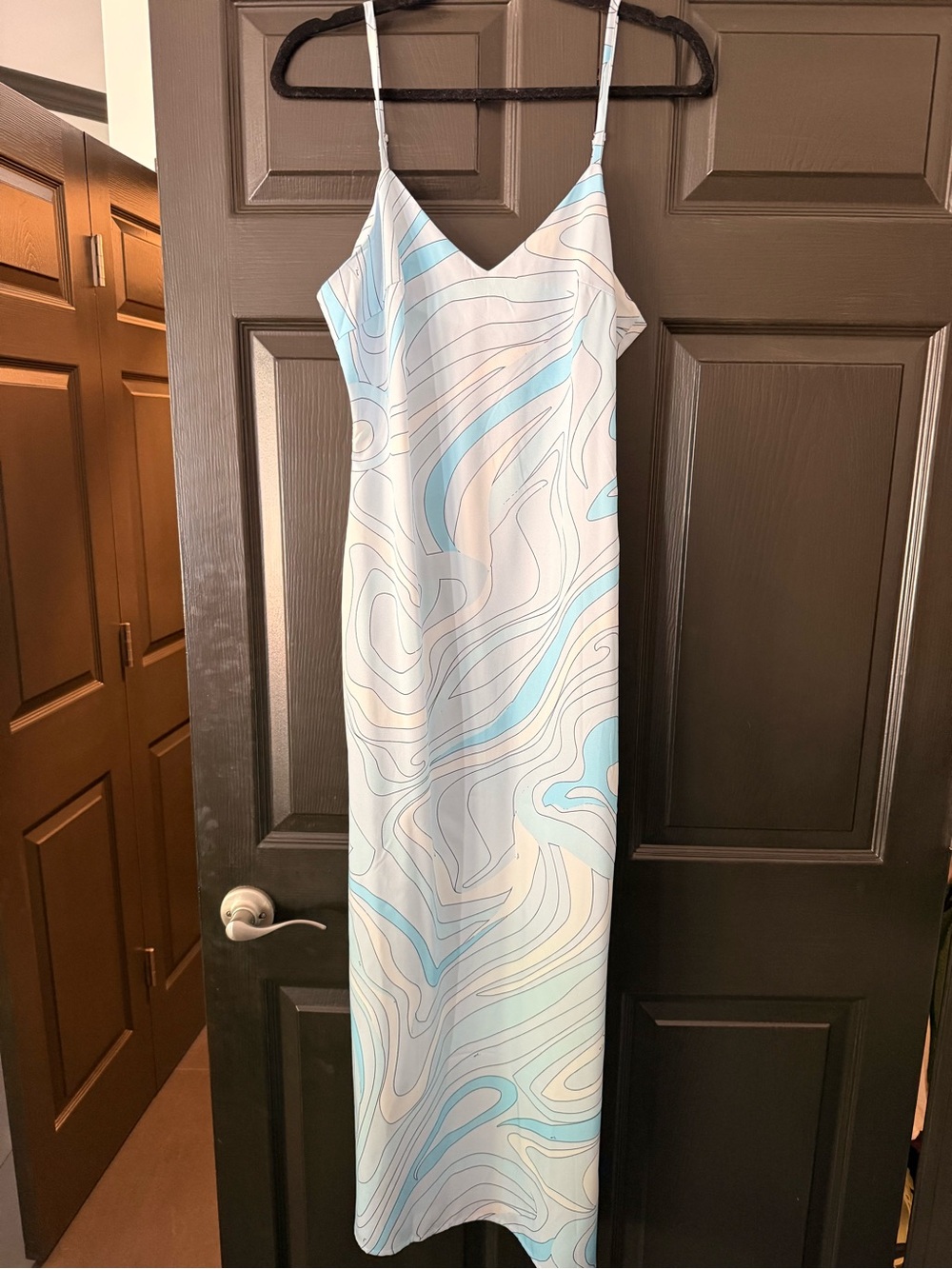 Slip Maxi Dress in White and Light Blue Swirl